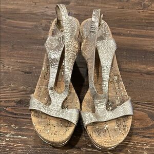 Donald Pliner Gold Sandals with Cork Wedge Heel and Crisscross Straps
